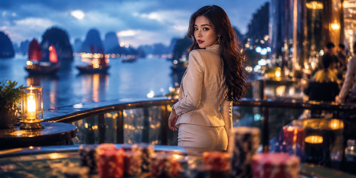 Phong cảnh Vịnh Hạ Long với người dùng thưởng thức giải trí trực tuyến trên điện thoại tại bãi biển